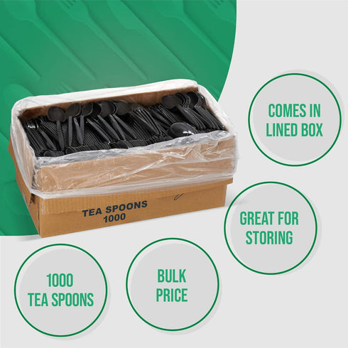 1,000 Bulk Black Plastic Disposable Tea Spoons, Medium Weight Silverware for Events and Catering