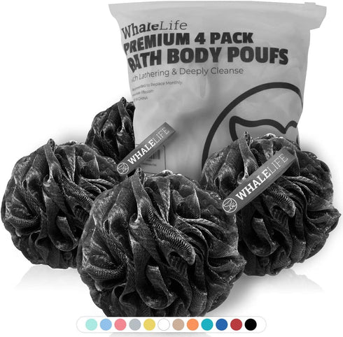 Shower Puff 4 Pack Black Bath Sponge, Shower Loofahs Pouf Ball Nature Bamboo Charcoal Mesh Bulk Puffs, Large Shower