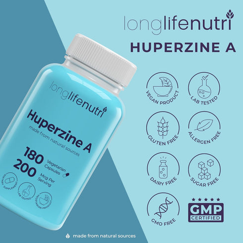 Huperzine A 200mcg, from Huperzia Serrata Leaf, 180 Vegetarian Capsules, Natural Brain Nootropic for Focus, Memory,