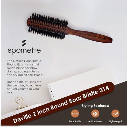 Spornette Deville Boar Bristle Round Brush, 2 Inch for Blow Drying, Curling & Styling