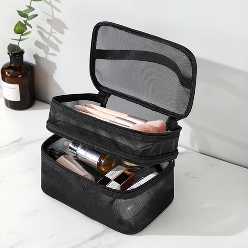 Tosnail Set of 3 Mesh Zipper Bags with Handle, Black Travel Toiletry Bag, Portable Organizer for Makeup & Skincare