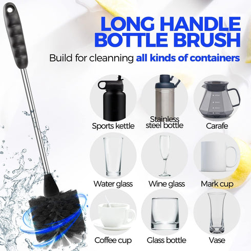 Holikme 6 Pack Bottle Brush Set, 14" Long Handle Stainless Steel Bottle Cleaner Brush, 3 Straw Brushes, 3-in-1 Bottle Cleaning Brush for Water Bottle, Baby Bottle, Straws Black by Holikme