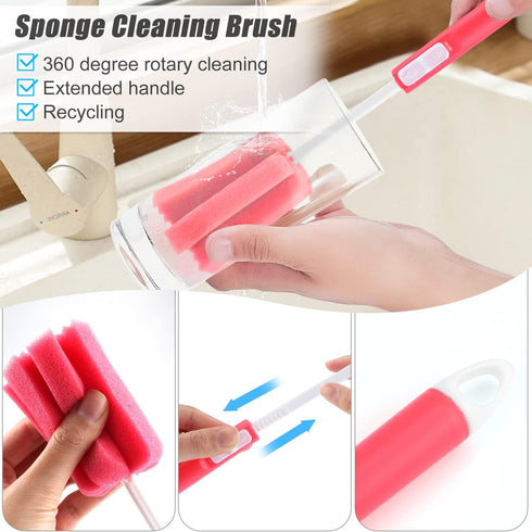 3 Pack Soft Foam Sponge Cleaning Brush Set, Adjustable Long Plastic Handle, Bottle Scrubber for Home Kitchen