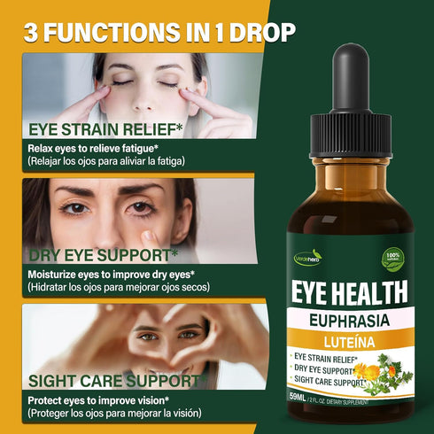 Verdeherb Bilberry 2oz Eyebright Herb Eye Health Drops, & Lutein Liquid Extract Herbal Supplement for Eye Strain Relief