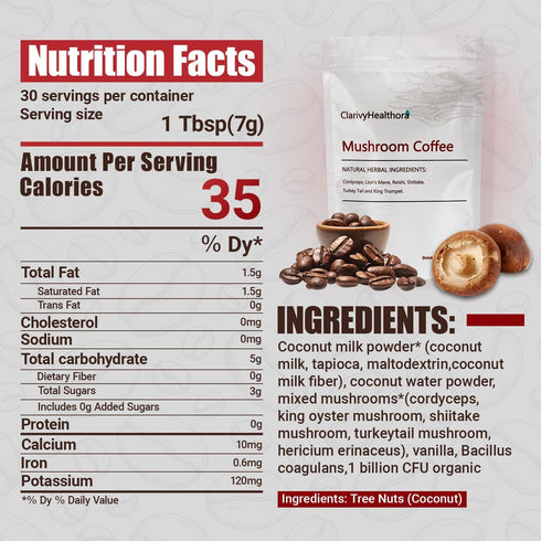 Immunity 30 Mushroom Coffee, Mushrooms Herbal Supplements for Better Focus, Energy, Digestion, Skin, and Servings