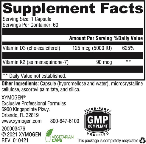 XYMOGEN K2-D3 5000, Bioavailable Vitamin D3 5000 IU with Vitamin K2 MK-7, Immune Support Supplement, 60 Capsules