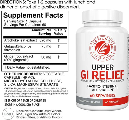 Silver Fern GI Relief Natural Herbal Supplement with Artichoke Leaf Extract, Ginger Root, GutGuard, 60 Capsules
