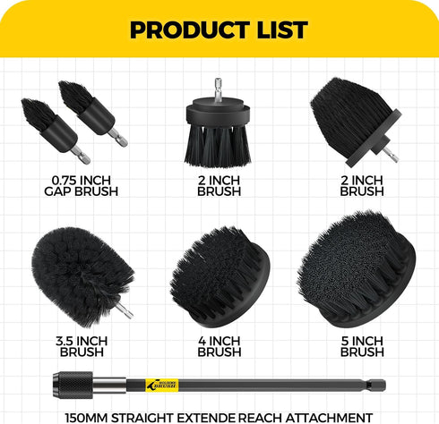 Holikme 8 Piece Drill Brush Attachments Set, Power Scrubber Brush with Extend Long Attachment,Cleaning Supplies,Scrub Brush,Shower Scrubber,Bathtub, Bathroom, Kitchen(Black)