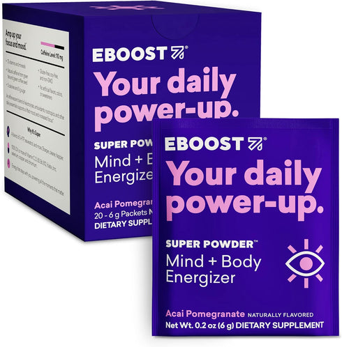 EBOOST Super Energy Powder Drink Mix, Non-GMO Electrolyte Supplement, Acai Pomegranate, Pack of 20