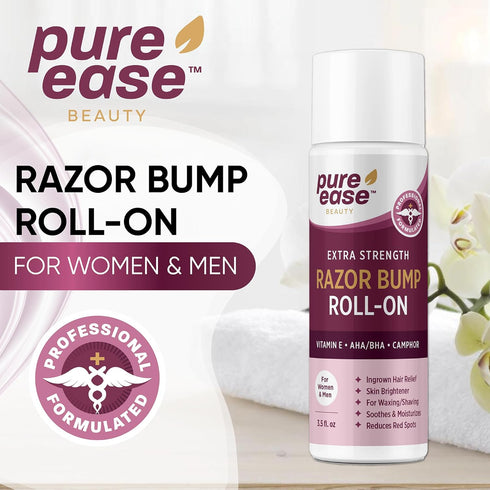 Razor Bump Treatment for Bikini Area, Roll-On 3.5 oz. Ingrown Hair Serum, Razor Burns, Pimples, Blemishes. Irritated Skin, Inflammation, for Face, Neck, Underarms, with Vitamin E, AHA/BHA, Camphor