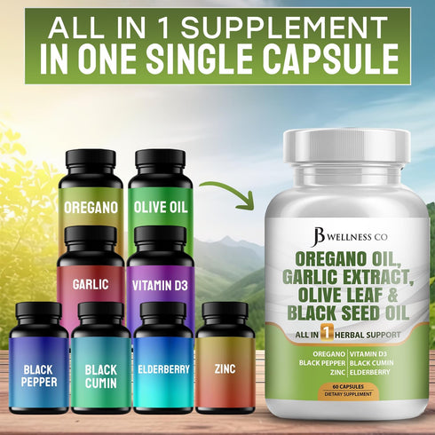 JB Wellness Co Immune 120 Count JB Wellness Oregano Oil, Garlic Extract, Olive Leaf, with Astragalus - Support