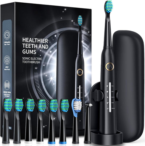 Electric Toothbrush with Travel Case, Sonic Toothbrush for Adults, 8 Brush Heads, 40000 VPM Deep Clean, 5 Modes