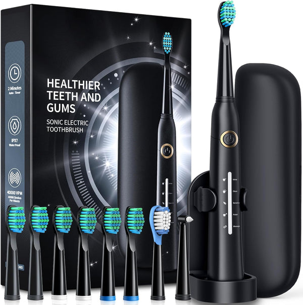Electric Toothbrush with Travel Case, Sonic Toothbrush for Adults, 8 Brush Heads, 40000 VPM Deep Clean, 5 Modes