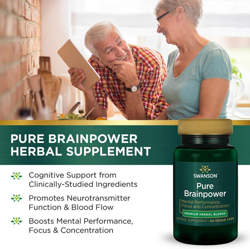 Swanson Pure Brainpower Cognitive Memory Focus Support Supplement, 60 Veggie Capsules with Ginkgo Biloba, Bacopa