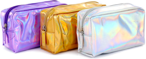 Teensery PU Leather Holographic Makeup Pouch Cosmetic Bag Waterproof Toiletries Organizer Pen Bag for Women and Girls (Purple)
