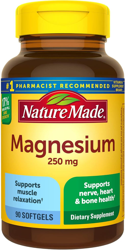Nature Made Magnesium 250 mg Supplement for Muscle, Heart, Bone & Nerve Support | 90 Softgels, 90 Day Supply
