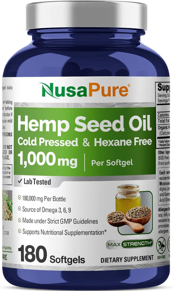 NusaPure Hemp Seed Oil Softgel 1000mg - 180,000mg per Bottle for Health Benefits