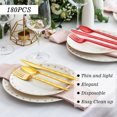 180 Pcs Plastic Silverware, Red Black Gold Plastic Utensils Heavy Duty Disposable Cutlery Include 60 Forks 60 Knives 60 Spoons for Graduation Wedding Party Dinner by Minatee