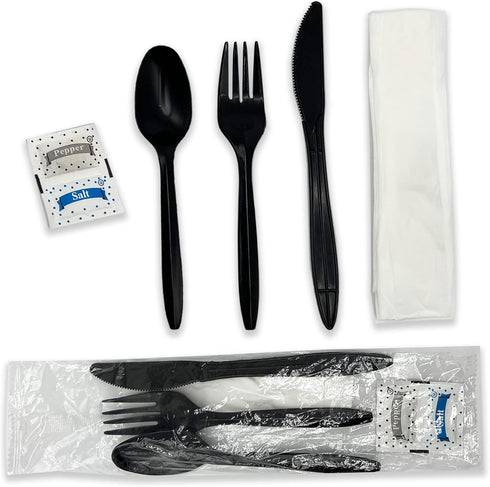 Individually Wrapped Plastic Cutlery Set with Napkin + Salt & Pepper Packets, 50 Count Prewrapped Disposable Silverware