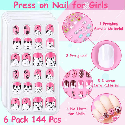 Kids Press on Nails, Thrilez 144Pcs Girls False Nails, Pre Glue Stick on Short Nails Decoration Gift for Ages 7-12