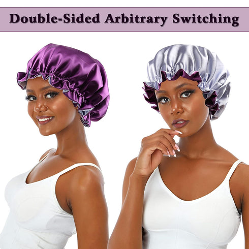 Satin Bonnet for Women, Large Adjustable Night Cap for Long Curly Hair, Double Layer Purple/Blue