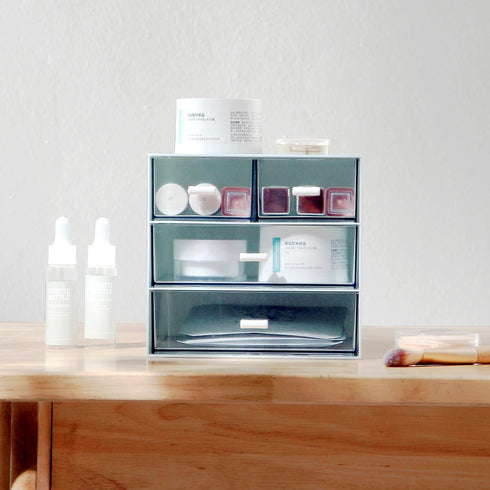 Makeup Organizer, Desk Organizer with 4 Drawers, Vanity Cosmetic Storage Box for Bathroom Counter or Dresser, Blue