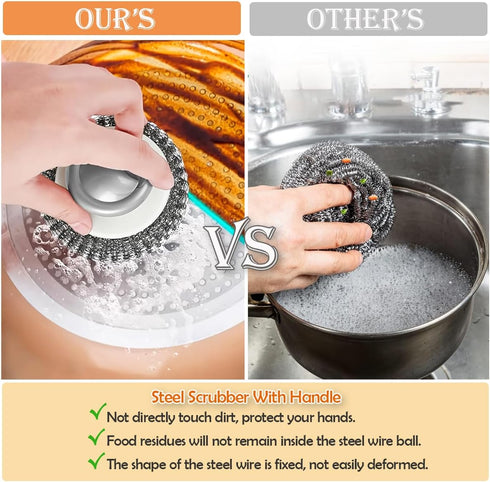 2Pcs Stainless Steel Scrubber with Handle, Steel Wool Scrubbing Brush Pad for Cleaning Kitchen Dishes, Pots, Pans