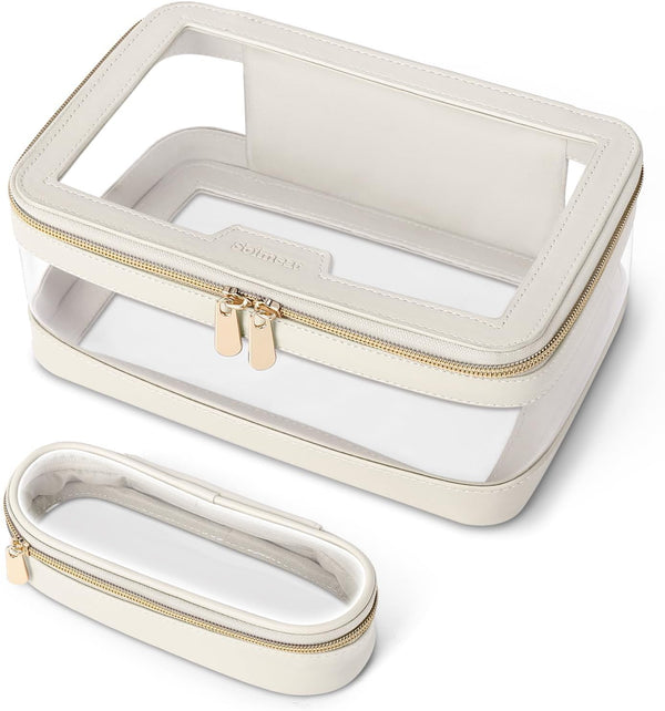 Travel Clear Makeup Bag, Portable Cosmetic Organizer Storage Bag, Leather Makeup Case with Brush Bag, Waterproof,