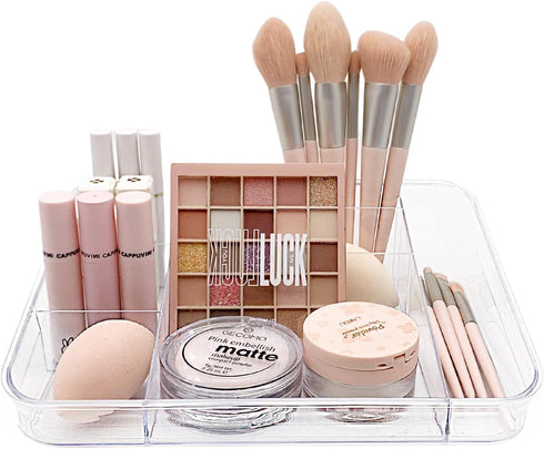 SUNFICON Makeup Tray Organizer - Cosmetic Display Case for Countertop Storage Unit, Washable Crystal Clear Acrylic