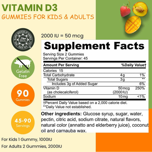 Vegetarian Vitamin D3 Gummies for Adults & Kids | 45-90 Servings, 2,000IU / 1,000IU | Non-GMO, Gluten-Free, Gelatin-Free | Supports Bones, Muscles & Immune System Halal Vitamins