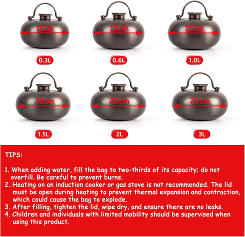 LUOZIQINX 0.3L/0.6L/1.5L/1L/2L/3L Relief,0.3l Metal Copper Hot Water Bottle, Winter Hand Feet Warmer Bed Bottle