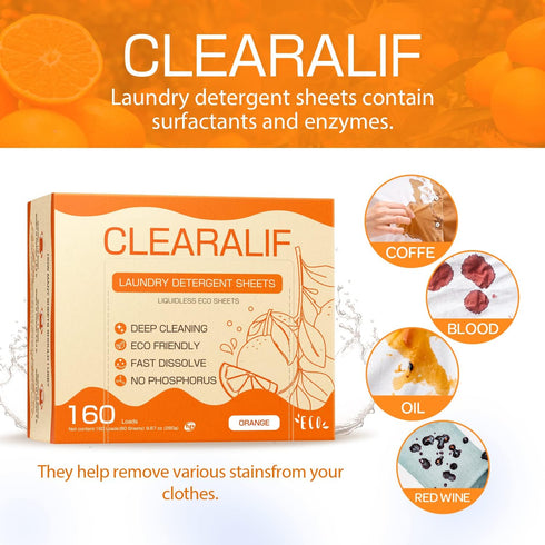 CLEARALIF Laundry Detergent Sheets, Up to 160 Loads, Eco-Friendly & Hypoallergenic, Orange - Great For Travel