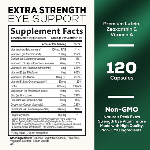 Eye Vitamin & Mineral Supplement with Lutein, Zeaxanthin, Bilberry & Zinc, Supports Eye Strain, Vision Health for Adults with Vitamins C & E, Non-GMO, Vegan Eye Vitamins Supplement - 120 Capsules