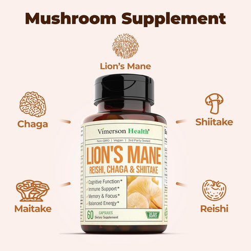 60 High Potency Lions Mane Supplement Capsules - Cognitive & Immune Support with Shiitake, Reishi, Maitake & Chaga