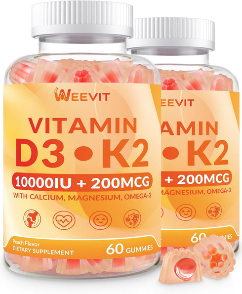 WEEVIT Vitamin D3 10000iu & K2 (as MK7) 200mcg Gummies w/Calcium, Magnesium, Omega-3,