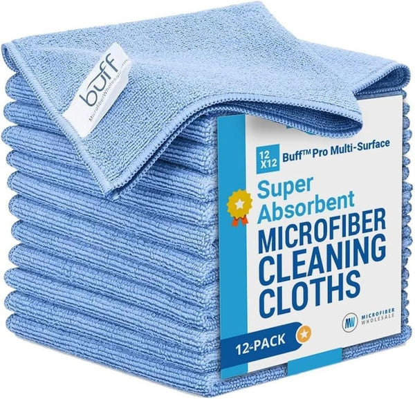 12 Pack MW Pro Multi-Surface Microfiber Cleaning Cloths, 12" x 12", Blue, Premium Towels for Cleaning