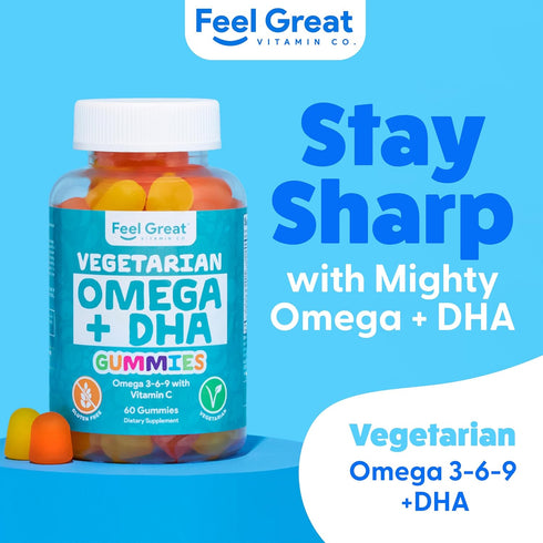 Feel Great Omega & DHA Gummies for Adults, Plant-Based Omega 3 Fish Oil Alternative, Vegetarian, Supports Brain &