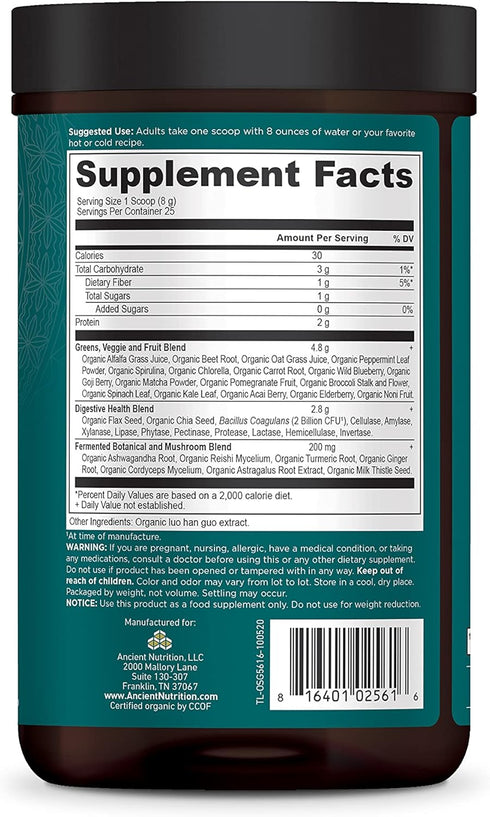 Ancient Nutrition Super Greens Powder, Organic Superfood with Probiotics, Spirulina, Chlorella, Matcha, 25 Servings