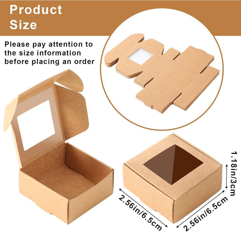 Zonon 30 Pcs Mini Kraft Soap Boxes with Window for Homemade Packaging, Brown Treat Boxes (2.56 x 2.56 x 1.18 Inch)