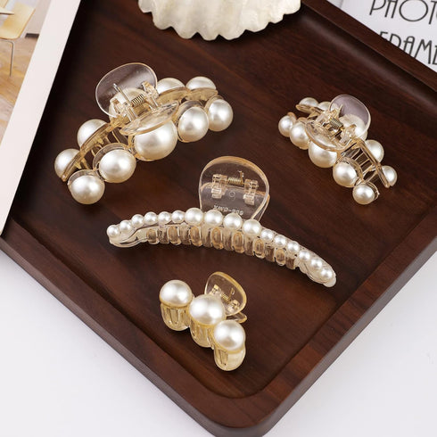 Mehayi 4 PCS Large Pearl Hair Claw Clips, Fashion Hair Accessories for Women Girls, Styling Tools for Party Wedding