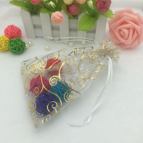 100pcs Sheer Organza Favor Bags, Rattan Print Gift Bags for Wedding Baby Shower, 3x4 inch, White