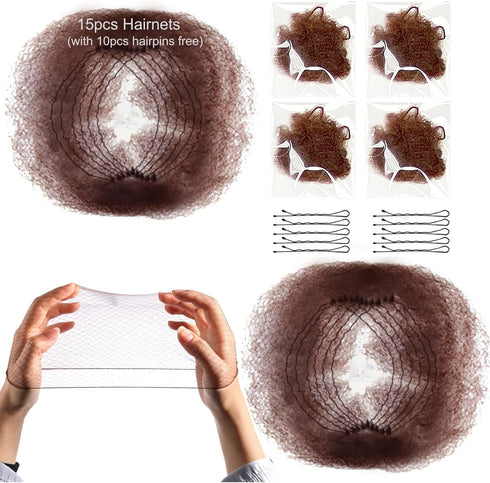 KKTech Pack of 15 Hair Nets, Invisible Elastic Edge Mesh, 50cm (Coffee)