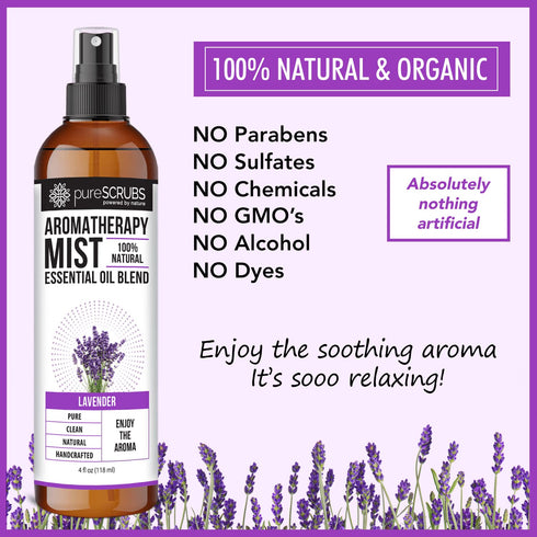 pureSCRUBS Premium Lavender Aromatherapy Spray Mist - 100% Natural Essential Oils, 4oz