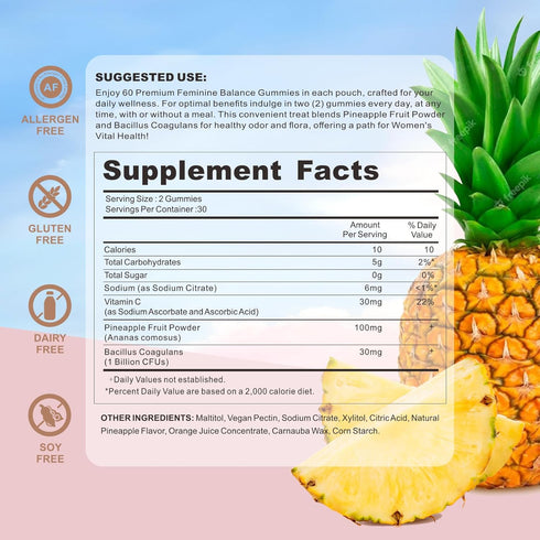 Gummies Gummies 60 Count Premium Feminine Balance for Women's Health, Hawaiian Pineapple for Women Vaginal Probiotic