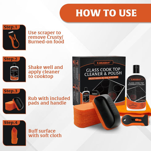 Glass Stove Top Cleaner Kit 12 oz, Non-Abrasive Cooktop Cleaner and Polish with Scrubbing Pad, Handle, Scraper, Cloth