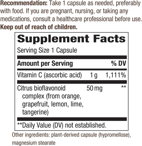 Nature’s Way Vitamin C with Bioflavonoids - Extra Strength - 1 g Vitamin C as Ascorbic Acid - Citrus Bioflavonoids - For Immune Support* - Gluten Free & Dairy Free - 100 Capsules