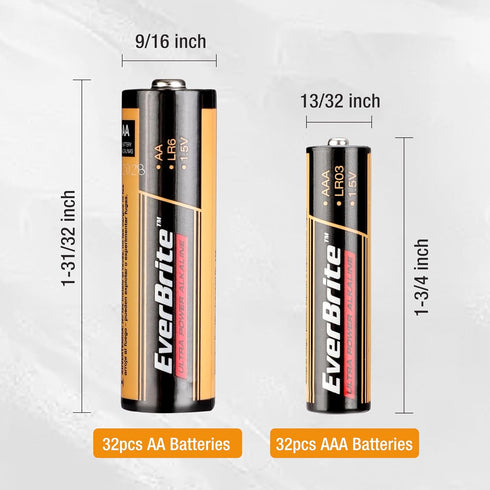 EverBrite 64pcs High Performance Alkaline Battery, 32-Pack AAA and 32-Pack AA for Household Devices