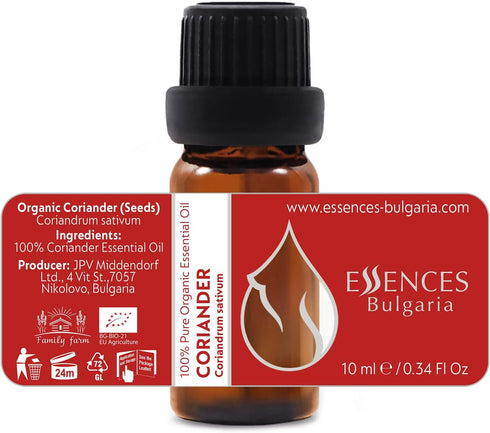 Essences Bulgaria Organic Coriander Essential Oil 1/3 Fl Oz | 10ml | Coriandrum sativum | 100% Pure and Natural | Undiluted | Therapeutic Grade | Family Owned Farm | Steam-Distilled | Non-GMO | Vegan