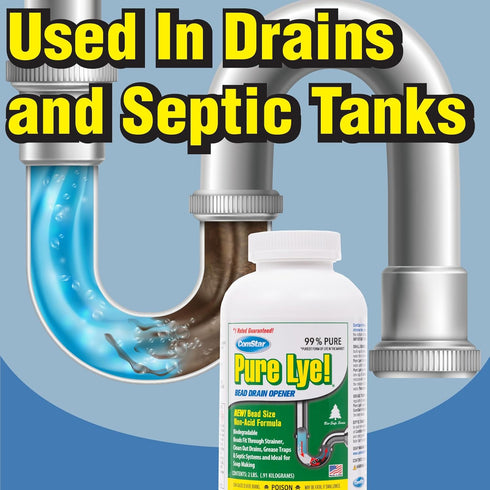 ComStar Pure Lye | 99% Pure Sodium Hydroxide Beads | Eco-Friendly Drain Opener | 2 lb. (30-504)