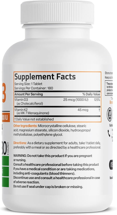 K2 (MK7) D3 45mcg K2 1000 D3 2 1 180 Bronson Vitamin with Lower Dose Vitamin & IU Vitamin Easy to Swallow Daily